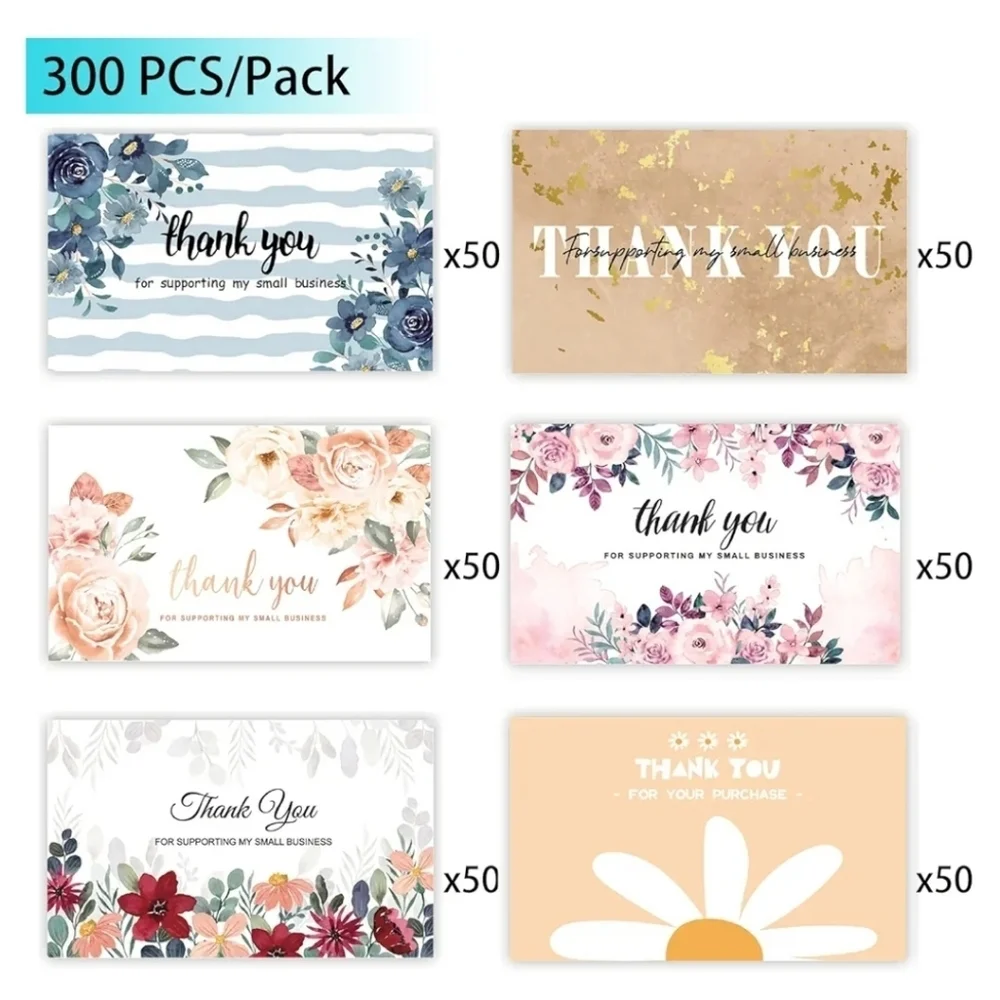 300PCS Thank You For Supporting My Business Floral Cards, 6 Styles - 2